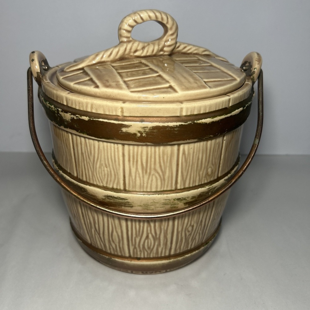 Vintage McCoy Pottery Oak Barrel Cookie Jar Brown Metal Handle Canister USA